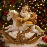 Figura Papá Noel en caballo mecedor blanco y dorado